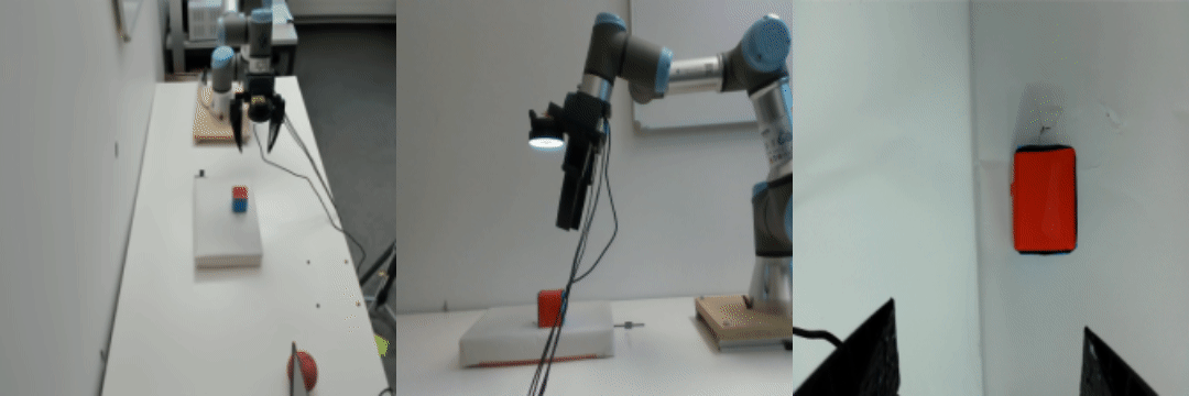 Real robot cube pickup from top, side, and wrist views